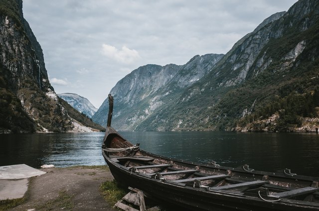 Wooden viking boat on the coastline