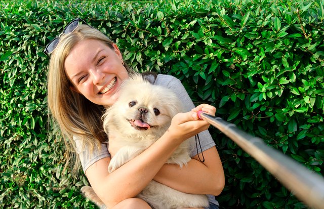 Beautiful girl with dog taken pictures of her self.