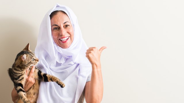 Arabian woman wearing white hijab holding a cat pointing with hand and finger up with happy face smiling