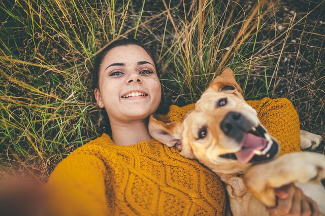 woman laying on grass with happy dog