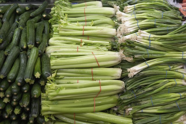 Close-up of spring onions in a supermarket