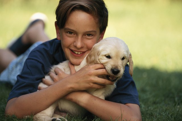 Boy (8-9) lying on grass with puppy, smiling