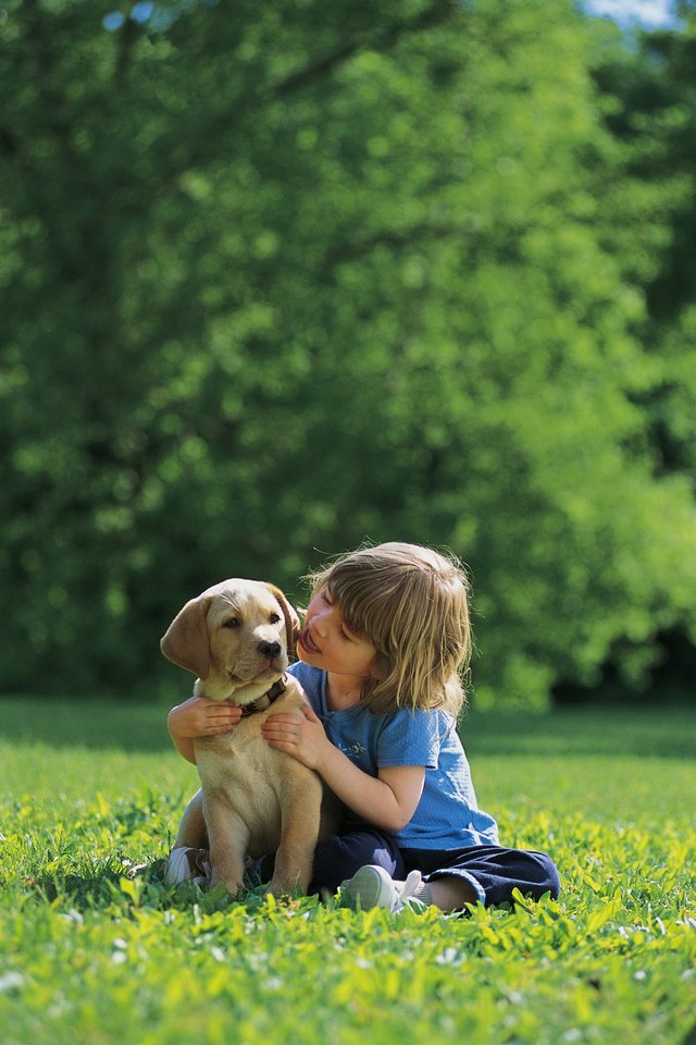 Girl with puppy , outside